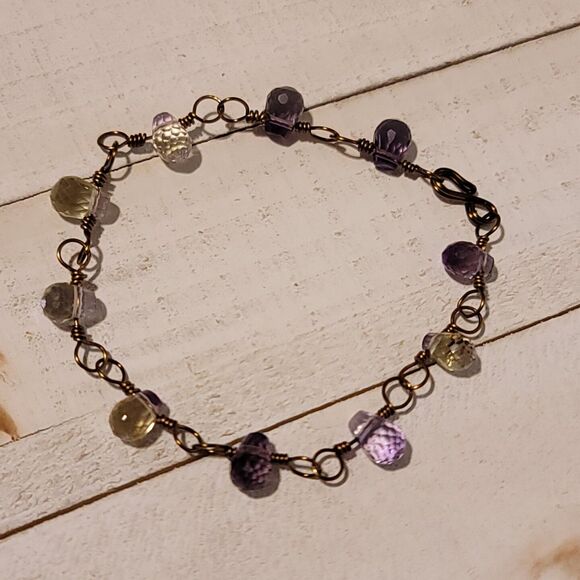 Handmade Rose Quartz Wire Wrapped Bracelet Copper Tone Healing Jewelry - Picture 1 of 4